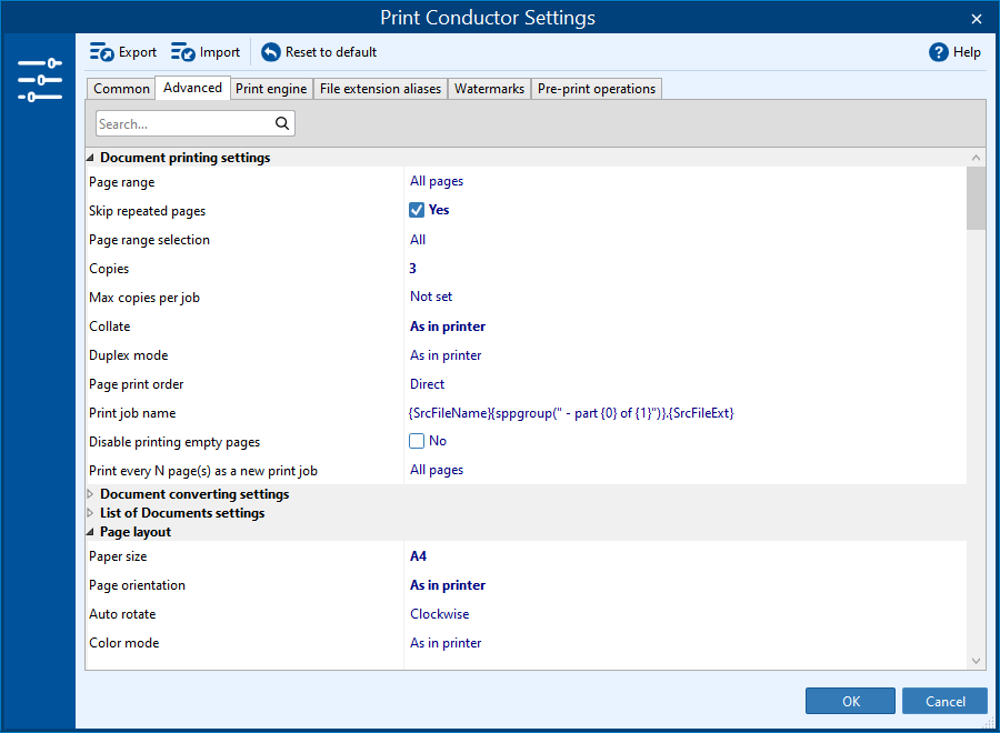 Set print options for multiple files