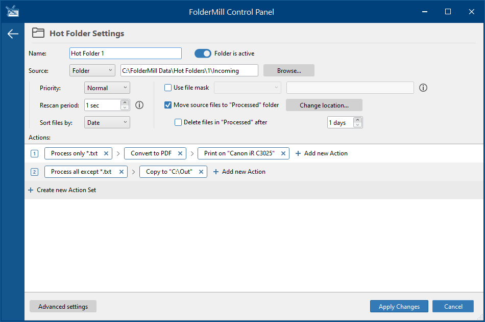 Real-time PDF printing using watch folders