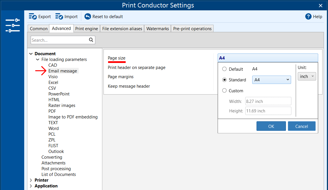 How to change page size when printing email message files