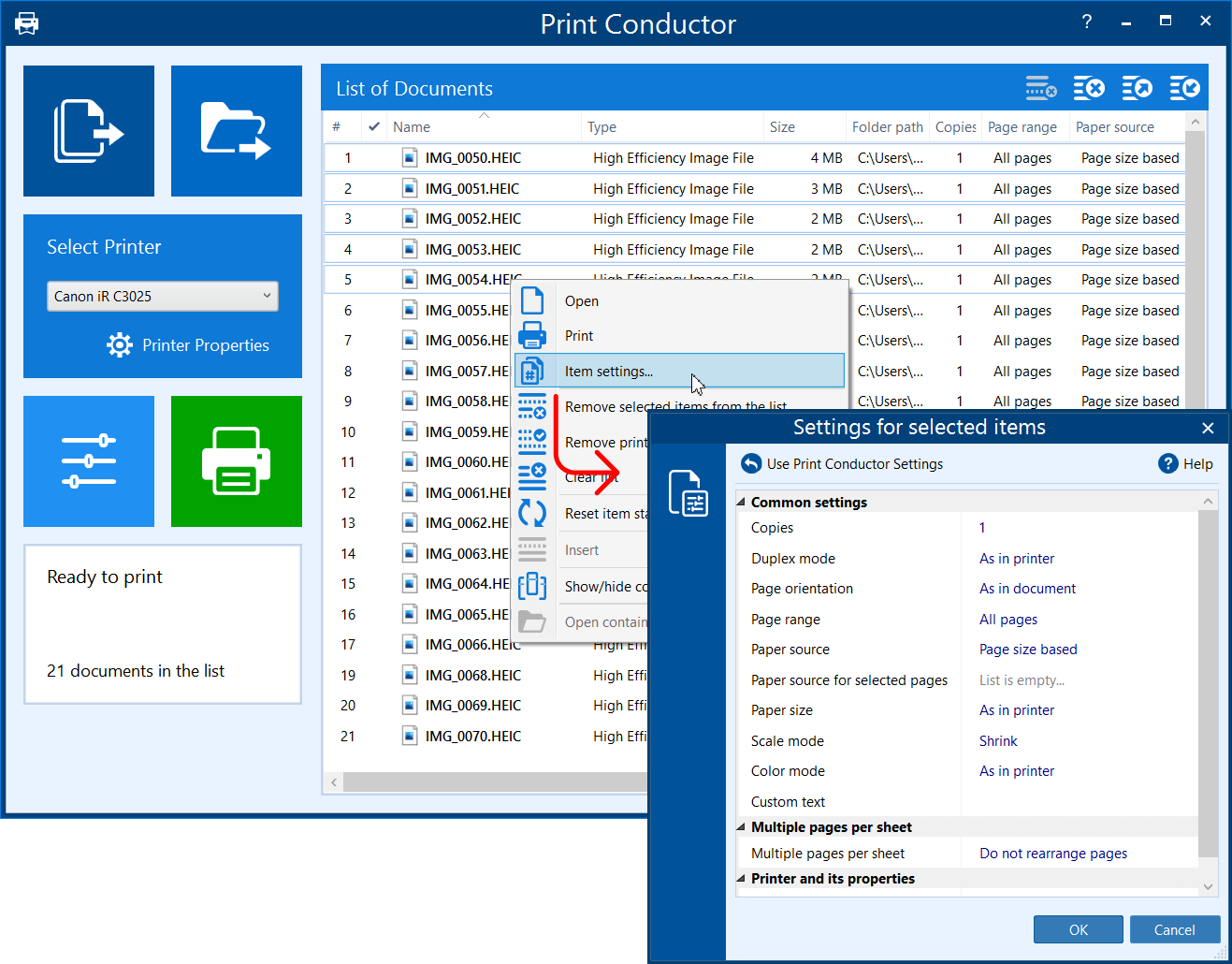 Changing print settings for HEIC files