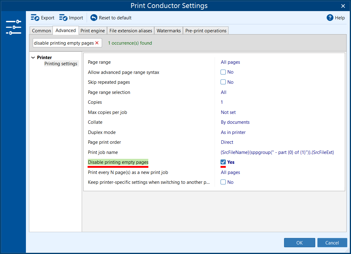 Disable printing empty pages in Print Conductor
