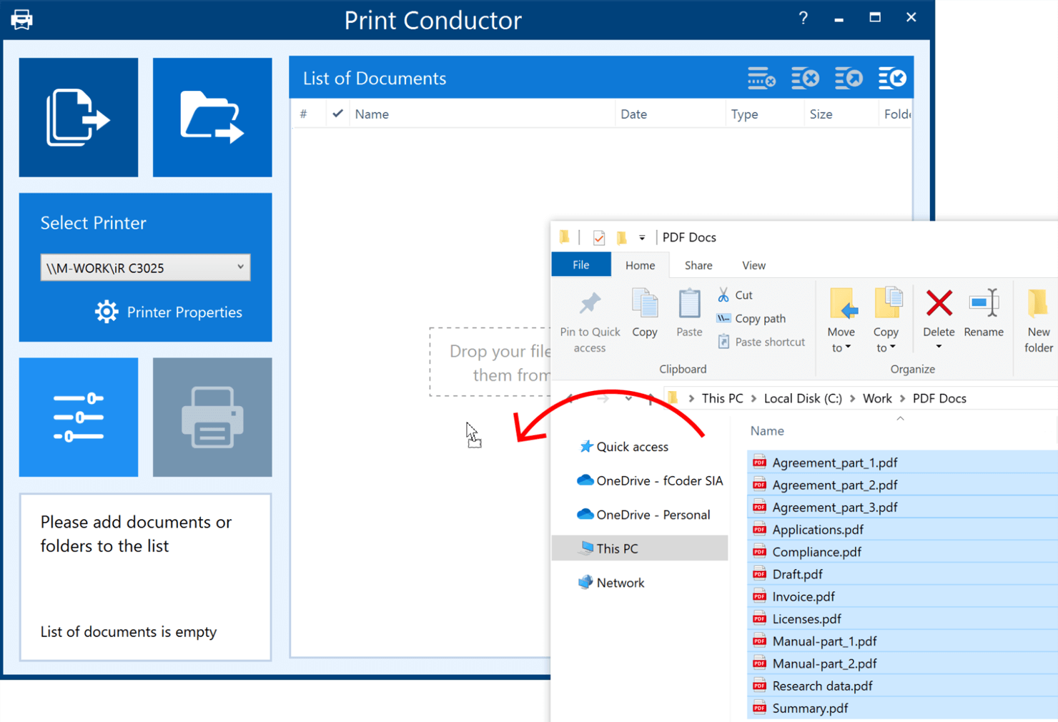 Drag-and-drop PDF files to the Print Conductor main window