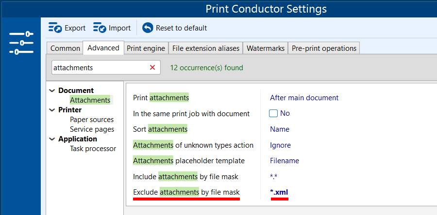 Exclude PDF attachments by file mask before printing