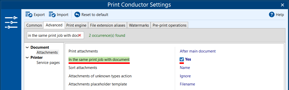 Print attachments in the same print job with document