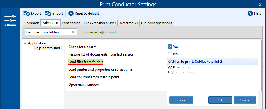 Import files from selected folders at Print Conductor start