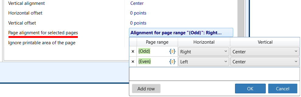 Page alignment for selected pages setting