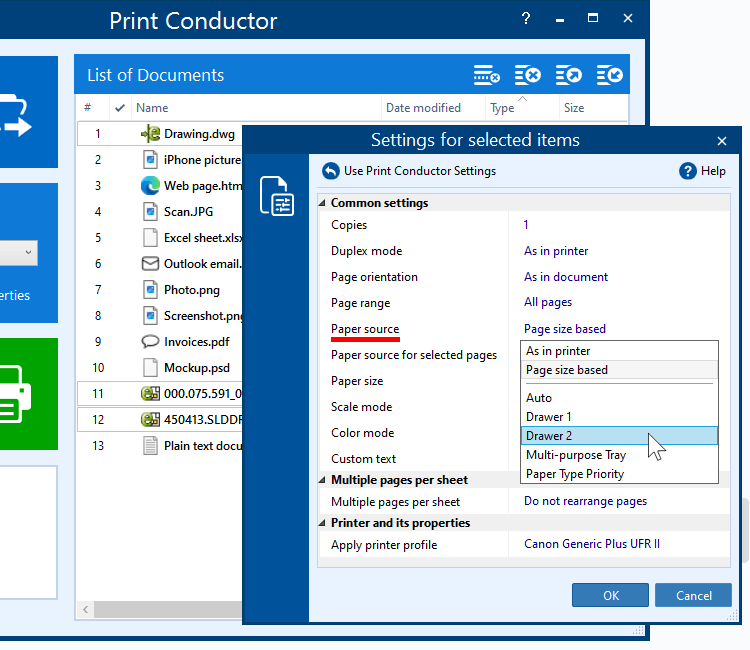 Use different input printer trays in Single print job mode