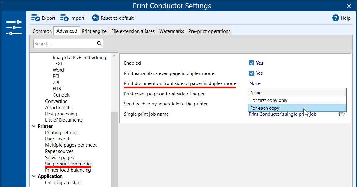 Starting each document on front side of paper (Single print job + Duplex mode)