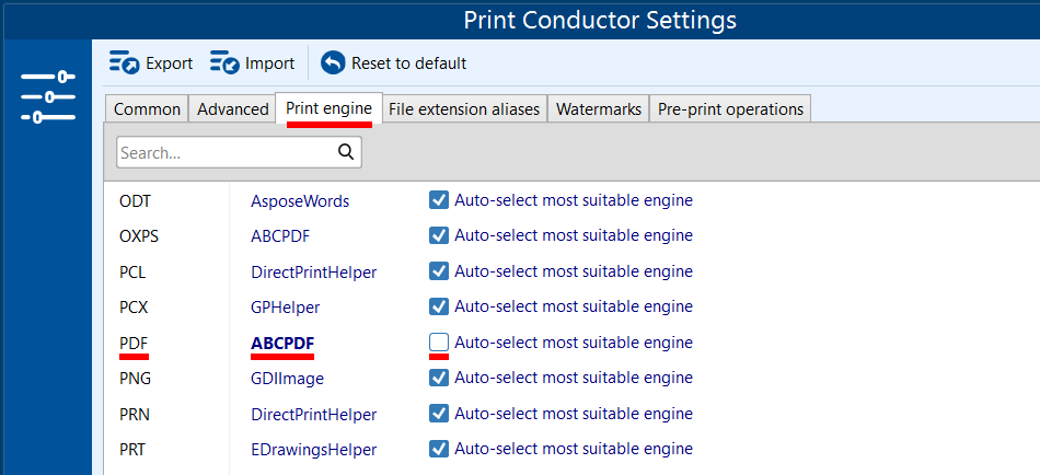 Print engine for PDF set to ABCPDF in Print Conductor