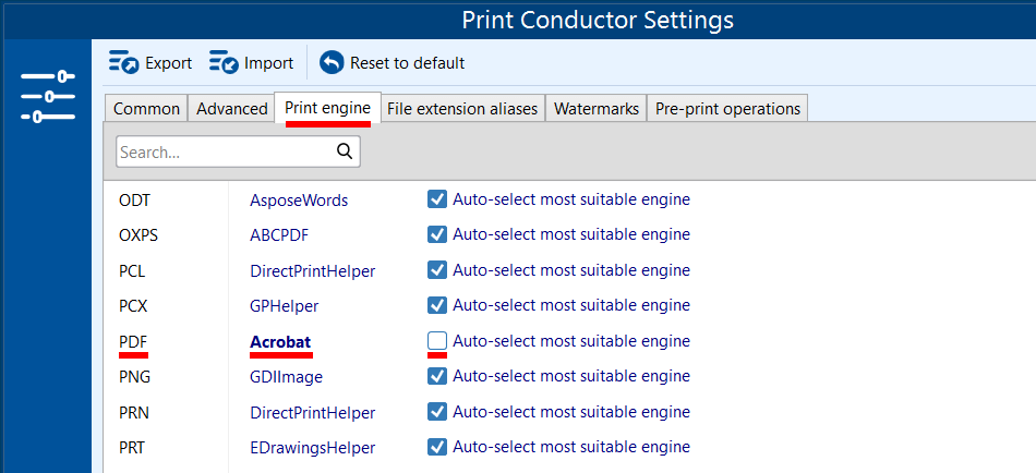 Print engine for PDF set to Adobe Acrobat