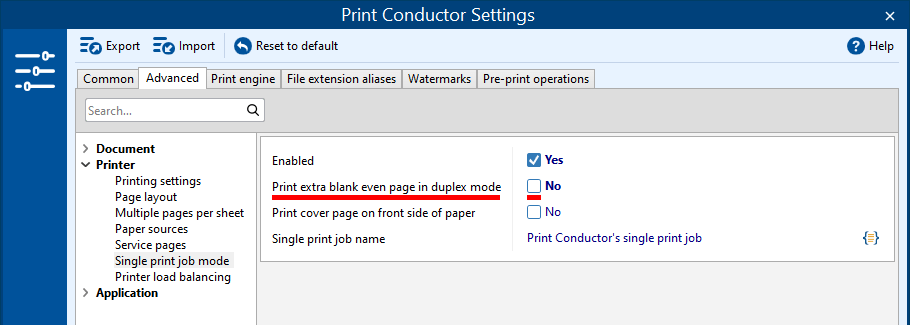 Print the whole set of documents without blank pages in the middle