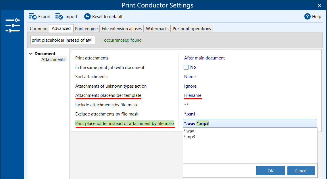 How to print placeholder instead of attachment by file mask