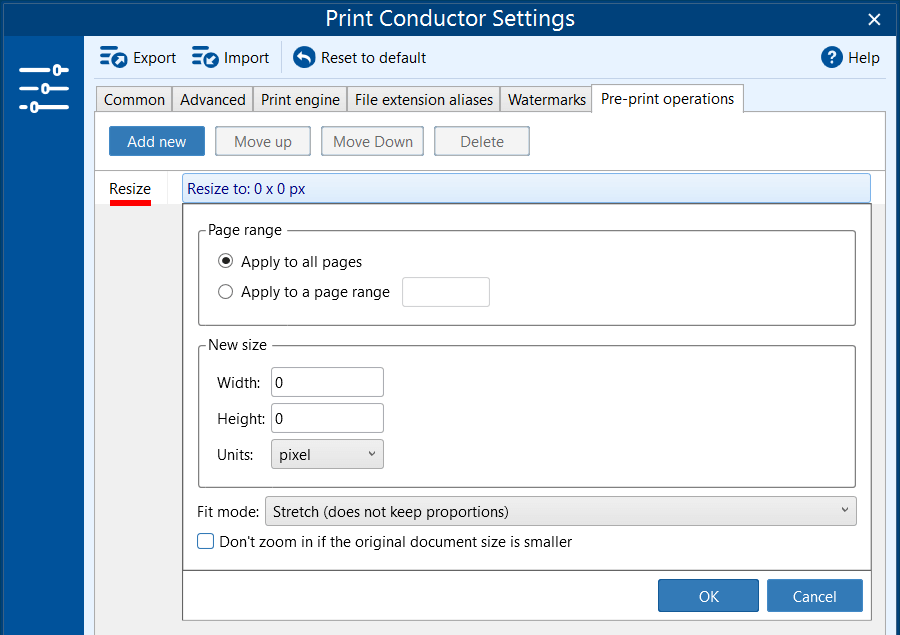 Resize operation in Print Conductor