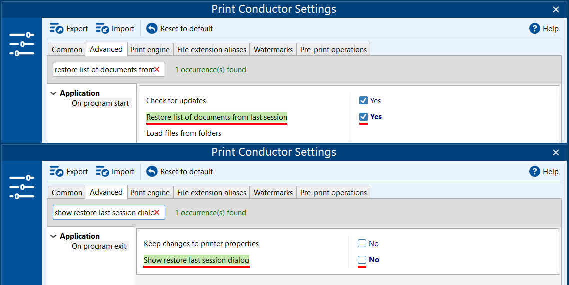 Restore the List of Documents with individual item settings