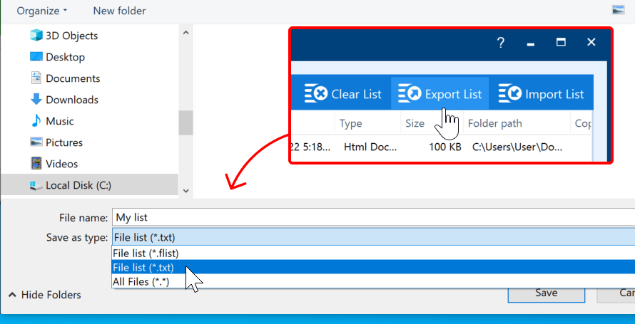 Exporting a file list (List of Documents) as a TXT file