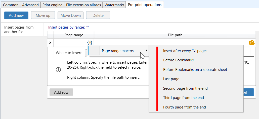 Right-click context menu in the Page range field displaying available macros