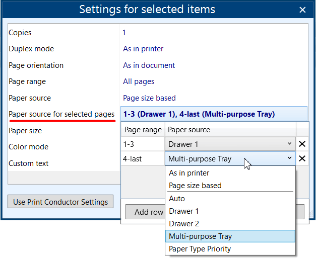 Select paper source for different page ranges