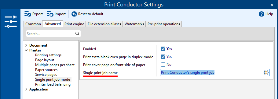 Define print job name in Single print job mode