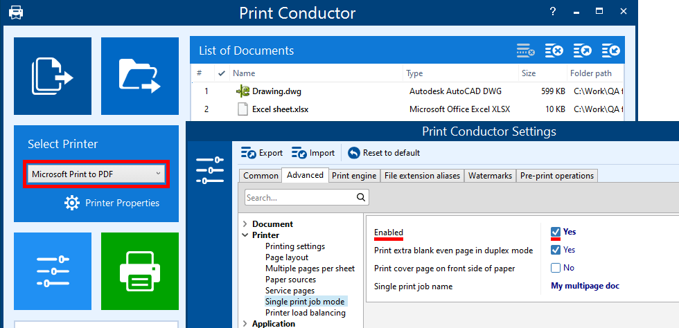Print to PDF via Single print job mode and virtual printer